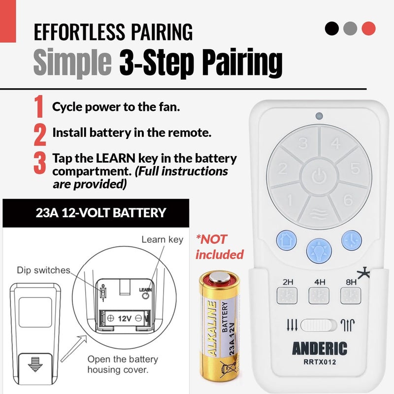 Anderic RRTX012 Replacement Ceiling Fan Remote Control Compatible with Harbor Breeze A25-TX012 A25-TX025 – 6-Speed Fan Control, Light Dimmer, Up & Down Lights, Reverse Airflow, Sleep Timer - Image 5